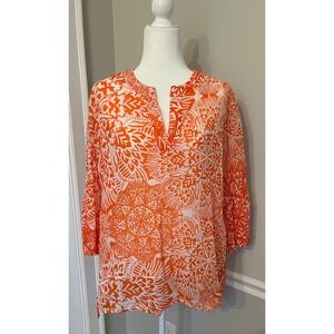 Finley Boho Block Abstract Resort Tunic Top Pullover L V-Neck 3/4 Sleeve Orange
